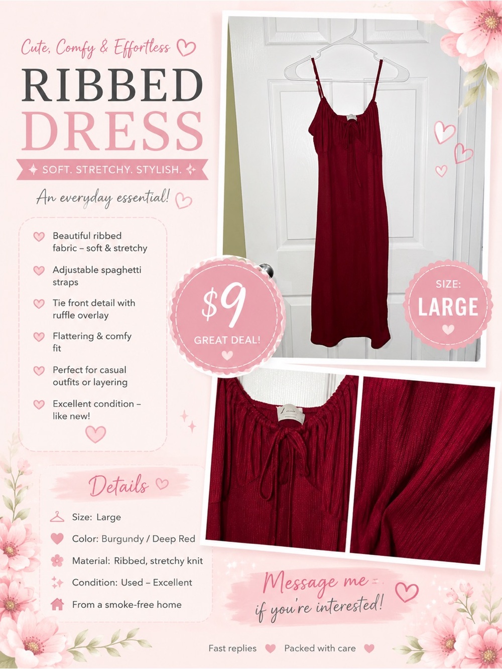 Women’s Ribbed Spaghetti Strap Dress - Burgundy (Large)